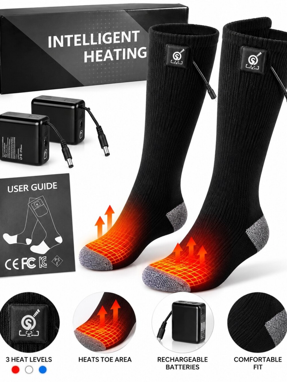 New Rechargeable Electric Heated  Socks Unisex 3 Heat Settings Winter Skiing L